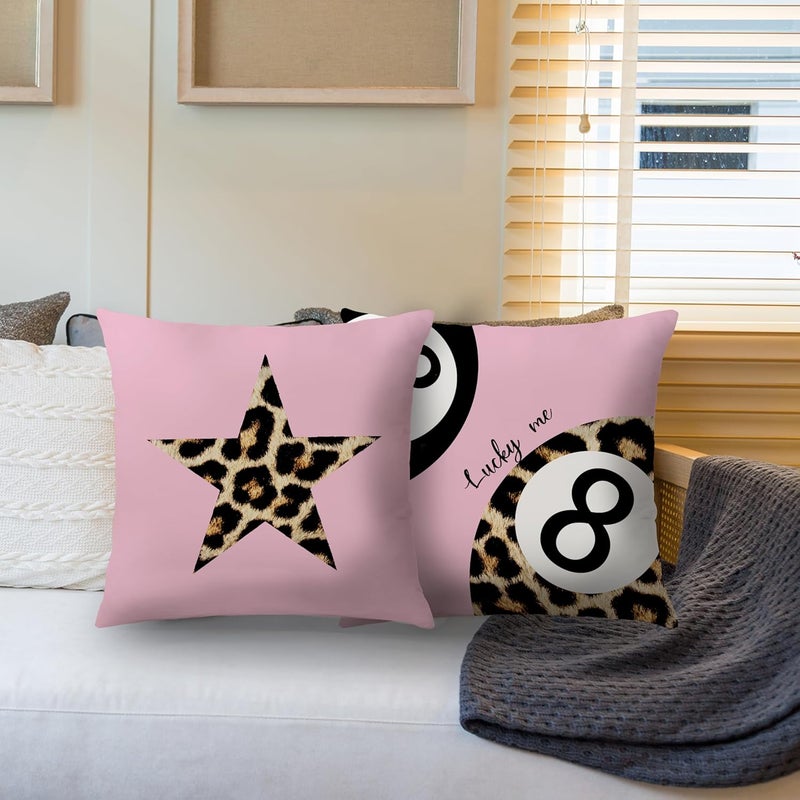 Nipil Trendy Leopard Pillow Covers 18x18, Pink Cheetah Leopard Print Room Decor, Preppy Cheetah Print Star Lucky 8 Ball Decorative Throw Pillow Covers for Girls Bedroom Dorm Apartment, Set of 2 - Image 4